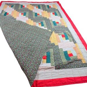 Vintage Handmade Quilt Throw Blanket 70" x 60" Red Scrappy Log Cabin 1980 Rustic